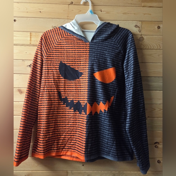 Womens Striped Orange And Gray Halloween Hoodie with Jack-o-lantern Face. EUC XL - Picture 1 of 13